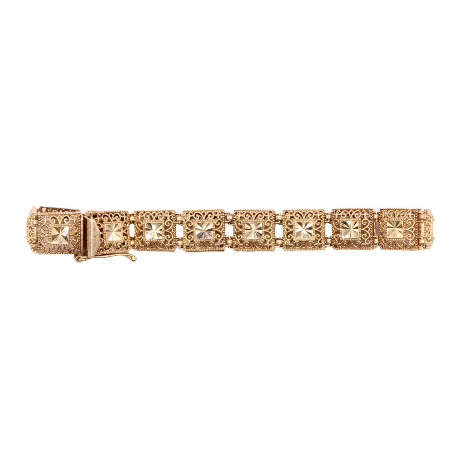 Vintage 10kt Yellow Gold Square Link Ornate Open Filigree Wide Bracelet 7”