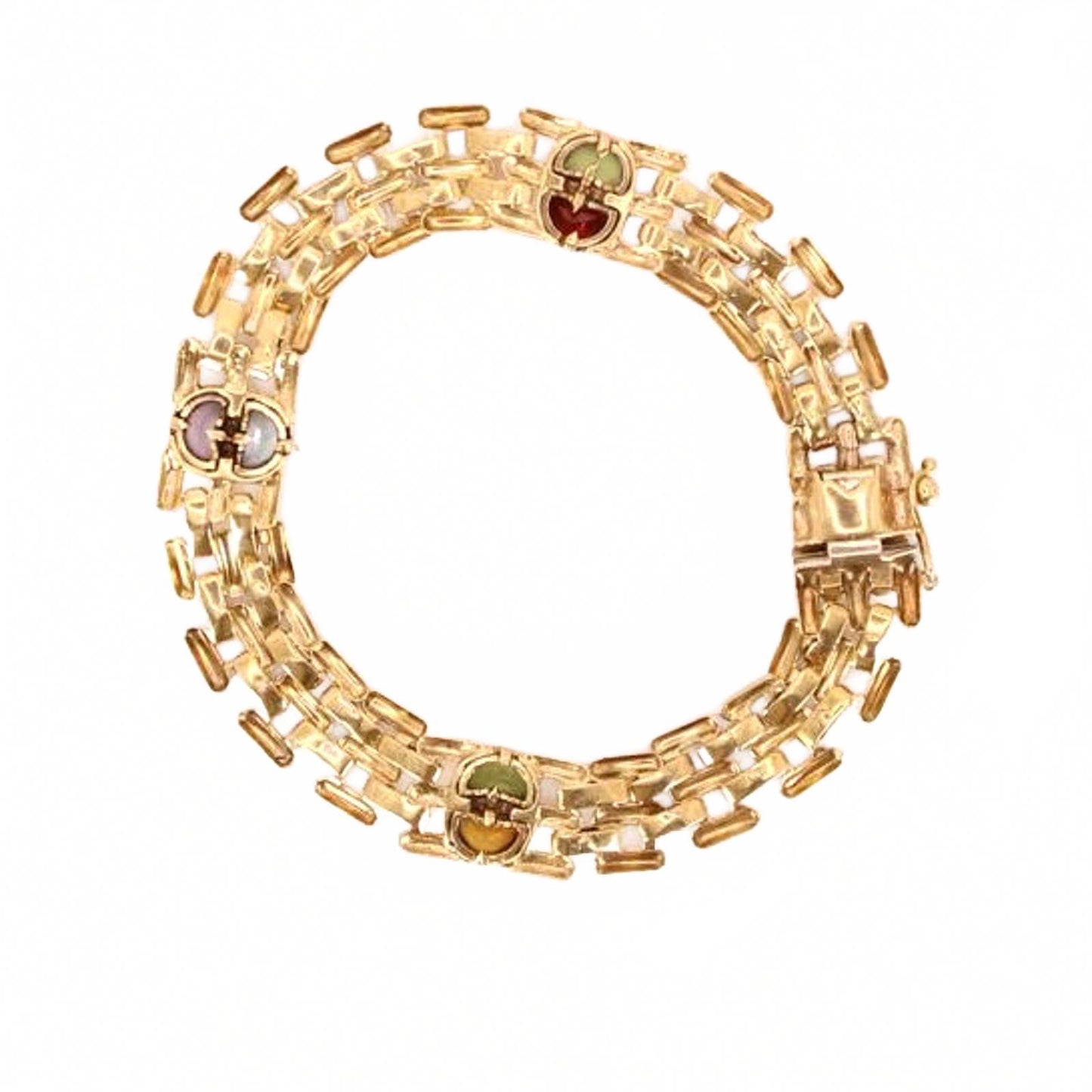 Vintage 14kt Yellow Gold Gemstone Bezel Set Panther Link Bracelet 7.25"