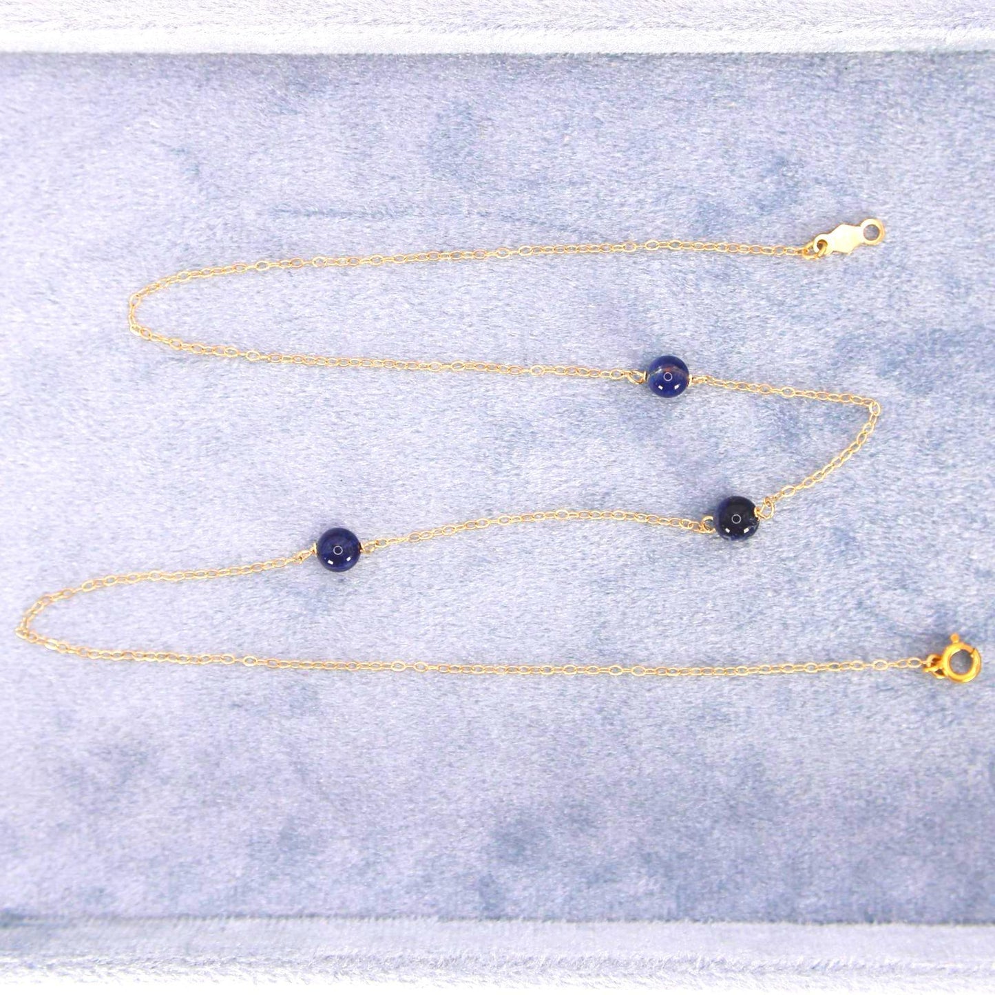 14kt Yellow Gold Lapis Lazuli Bead Station Choker Dainty Layering Necklace 15”
