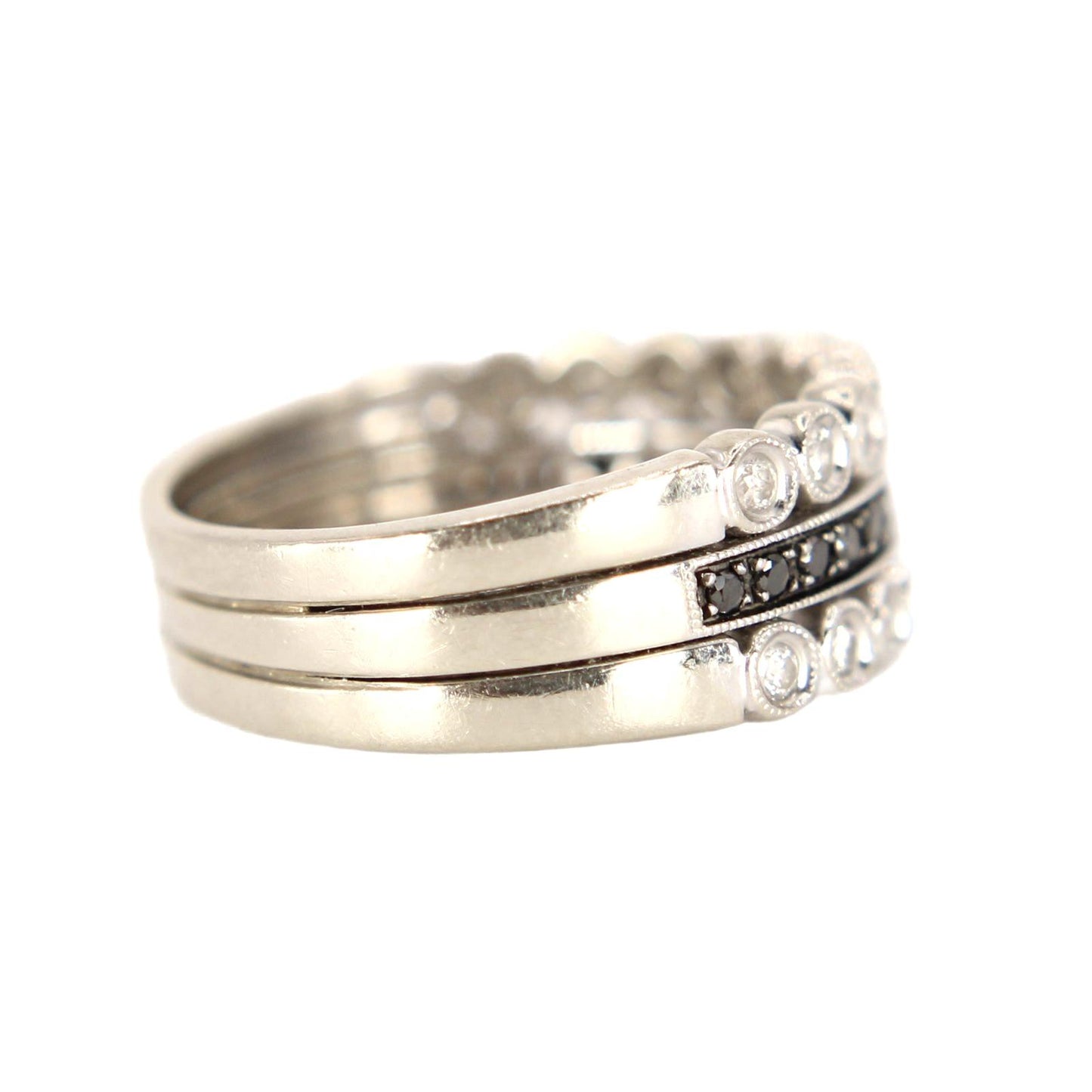 14kt White Gold Diamond & Black Diamond Milgrain Bezel Stacker Ring Size 6
