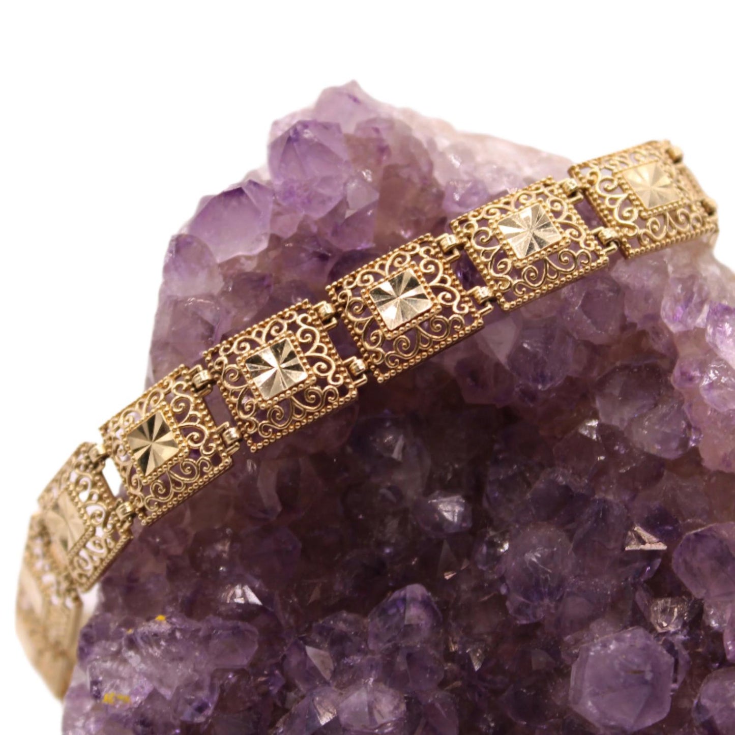 Vintage 10kt Yellow Gold Square Link Ornate Open Filigree Wide Bracelet 7”