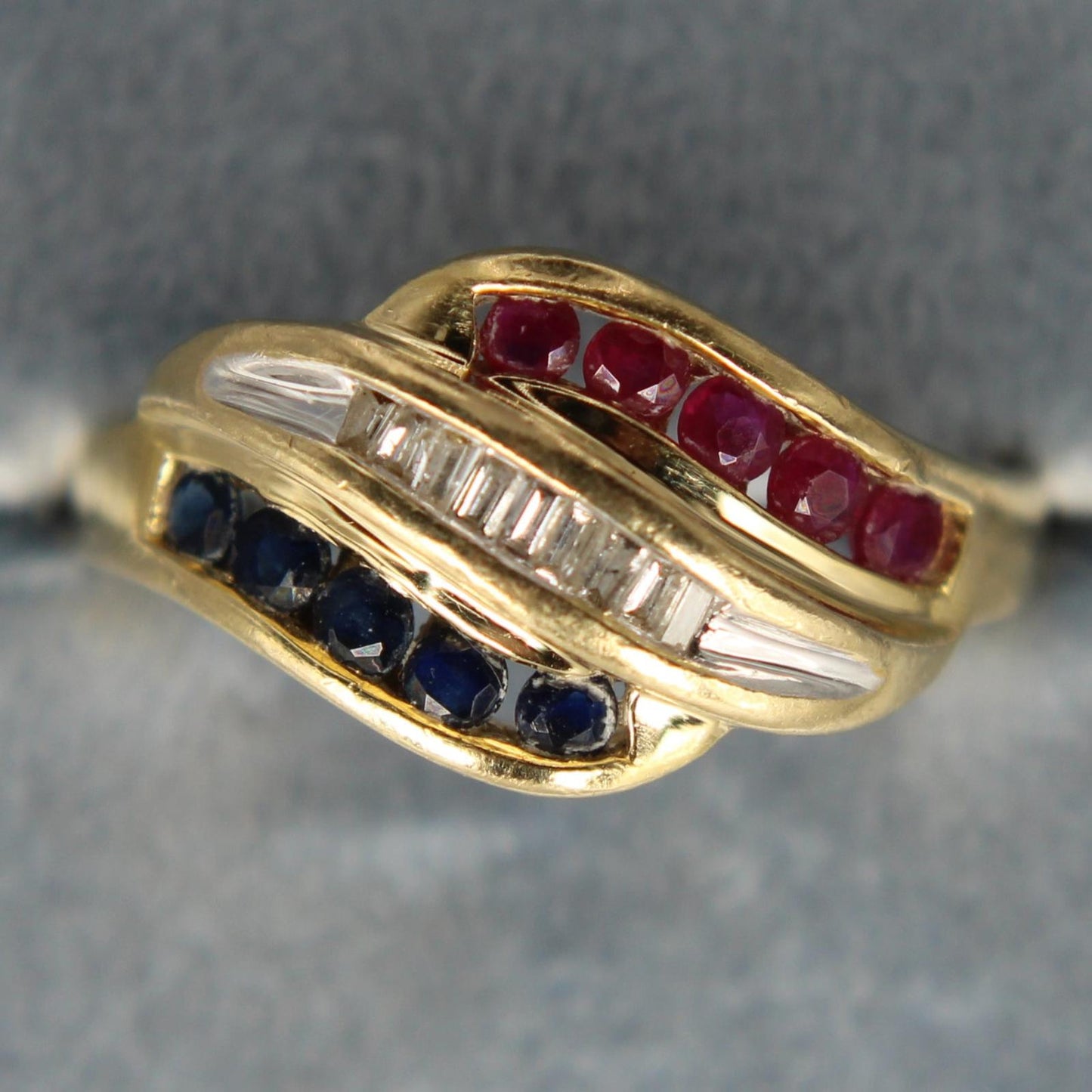 Alwand Vahan 14K Gold Baguette Diamond Ruby Sapphire Bypass Ring Size 7