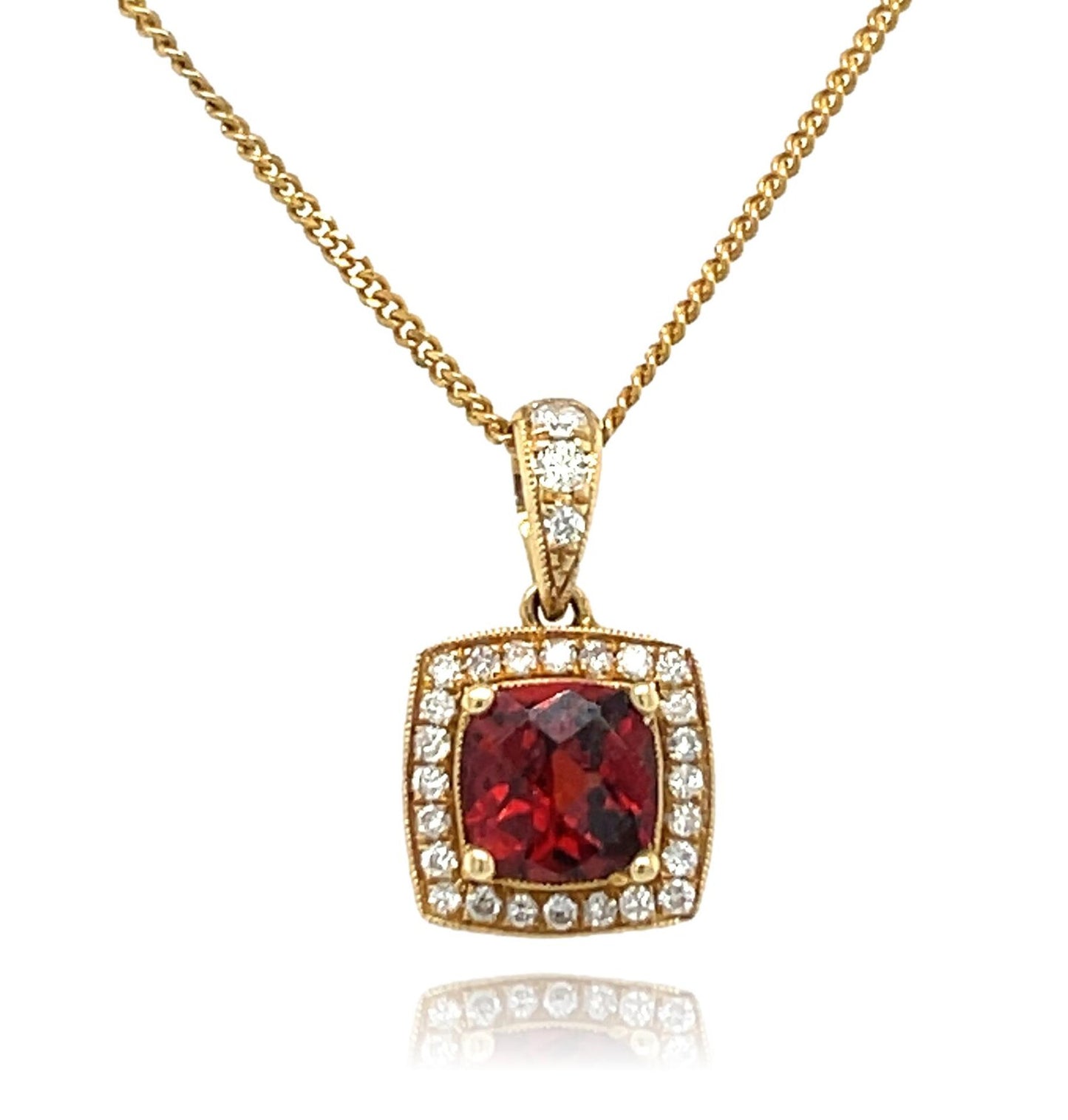14kt Yellow Gold Diamond Halo Cushion Cut Garnet January Pendant
